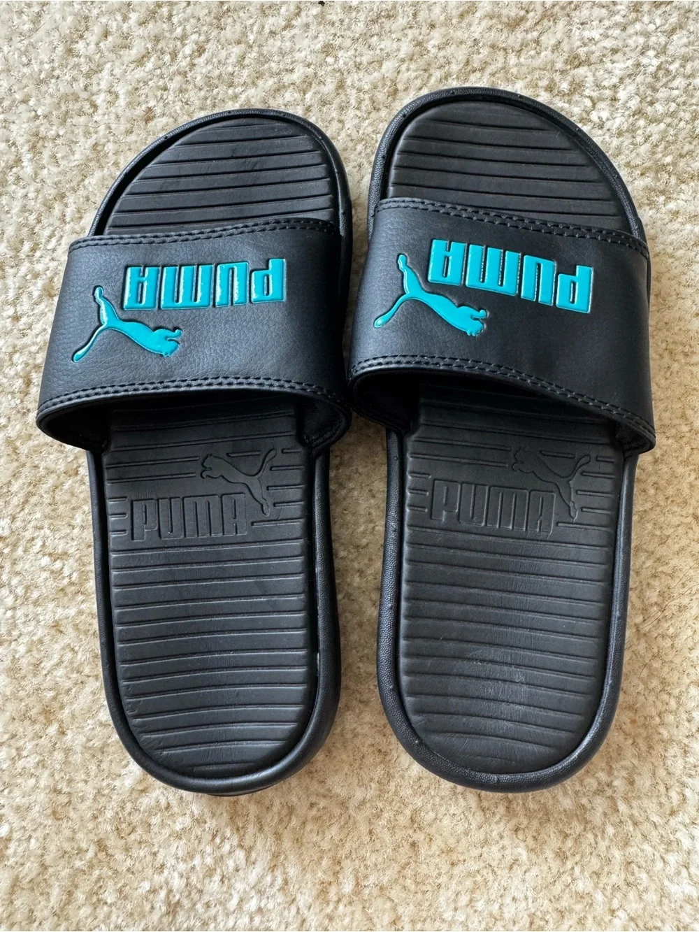 Puma Black Slides with Teal Logo